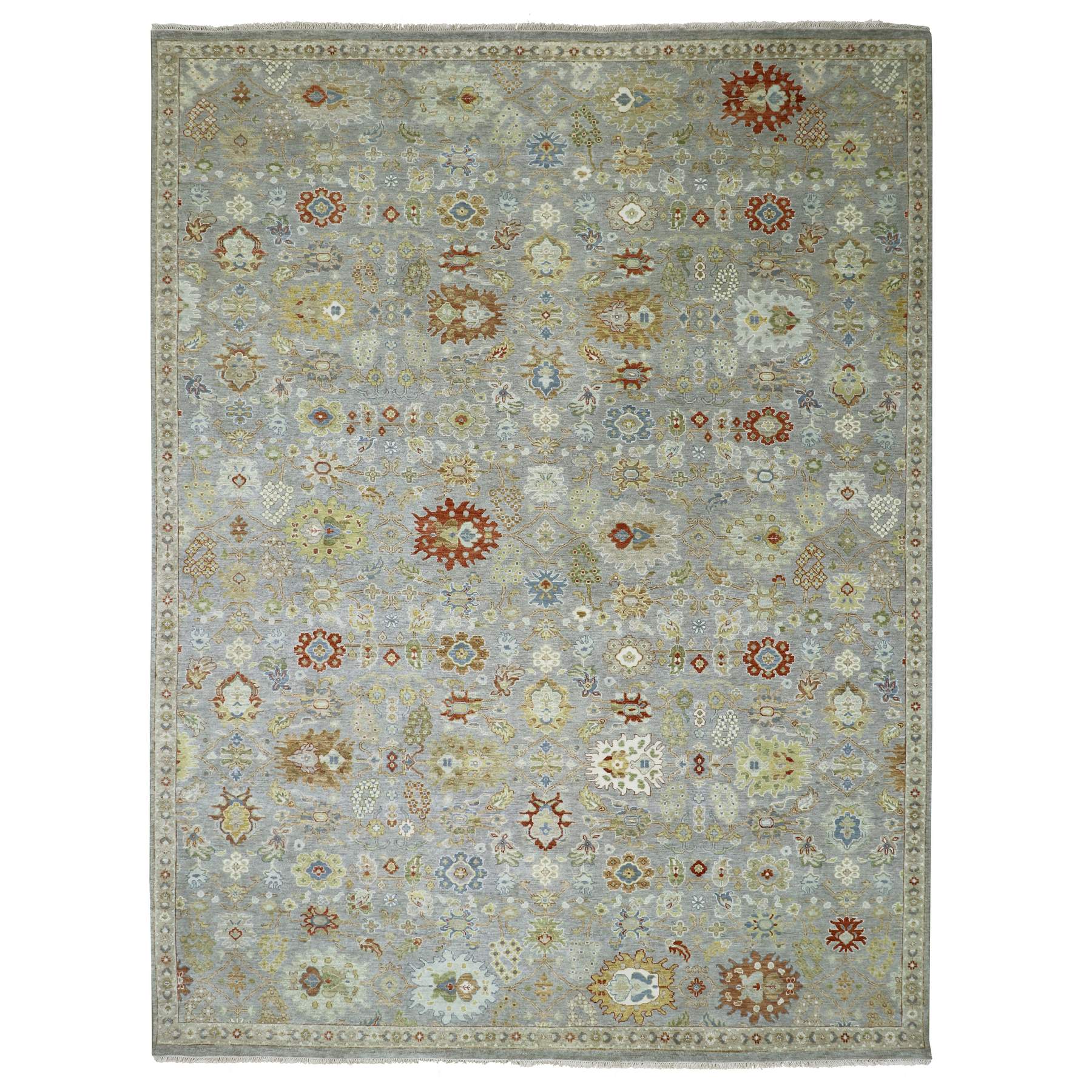 Flint Gray, Agra with Ziegler Design, Geometric Leaf Pattern, Hand Knotted, 100% Wool, Natural Dyes, Oriental Rug